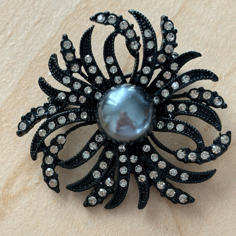RMN black flower brooch pin/ accented with clear rhinestones
